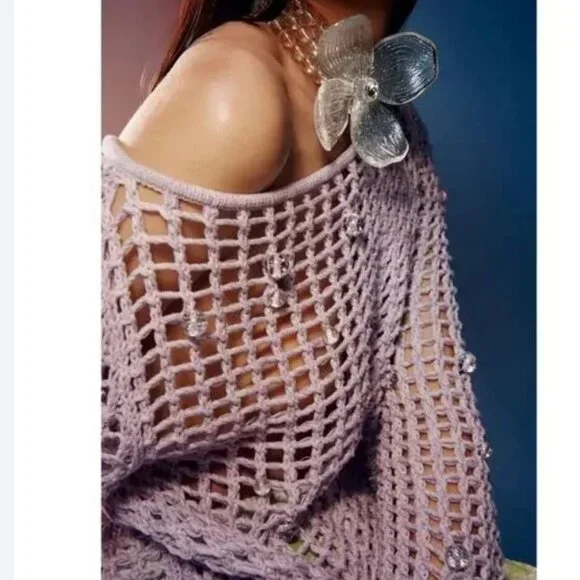 & Other Stories x Susan Fang Lilac Beaded Open Knit Crochet Top Size L